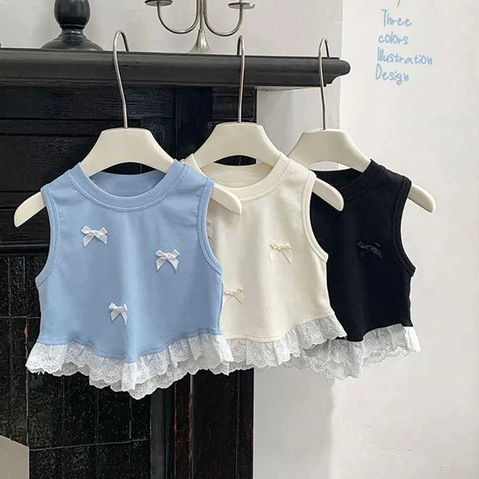 New Girls Summer Wear Short Sleeveless Bow-Knot Detail Floral Lace Edged Sweet T-Shirt Top Daily Versatile Children Clothing T250603