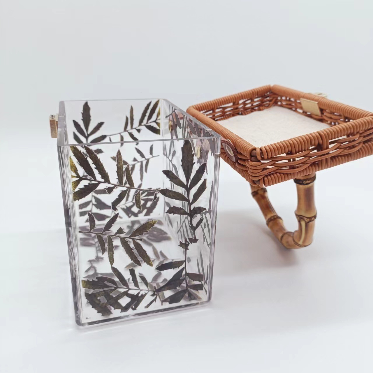 Bamboo Leaf Bamboo Section , Transparent Small Bag, Women's Summer 2022 Fashion Show Style, Antique Style Hand-Held Box Bag Vintage lucite evenin