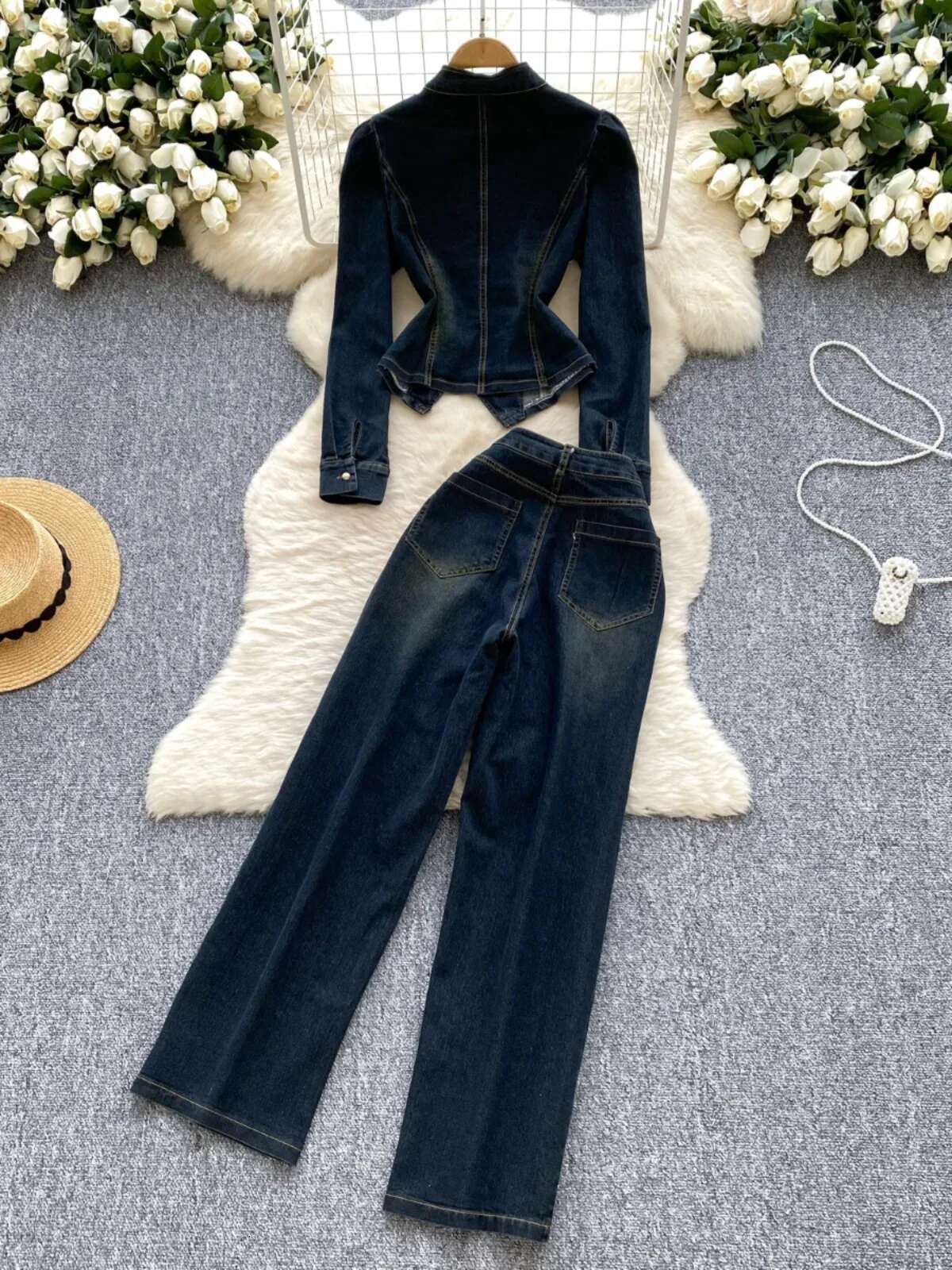 Spring Woman 2025 Sets Long Sleeve Bow Single Breasted Jacket + High Waist Straight Wide Leg Jeans New Denim Suit