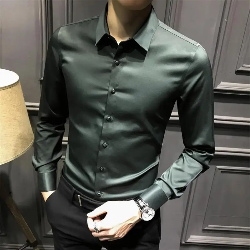 Dress Shirt Long Sleeve Silk Business Plain Man Tops Formal Shirts and Blouses for Men Office Cotton with Collar S Cool Clothing 250227