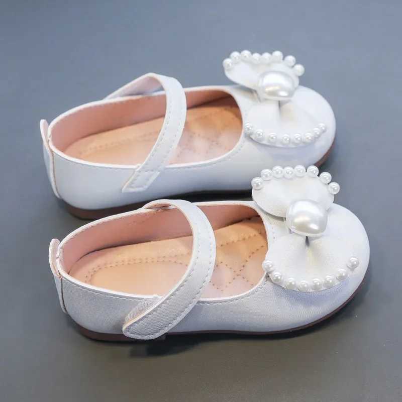 Solid Color Bow Simple Casual Pearl Cute Baby Girl Flats New 2024 Hook Loop Little Princess Soft Mary Jane Fashion Kids ShoesT250306
