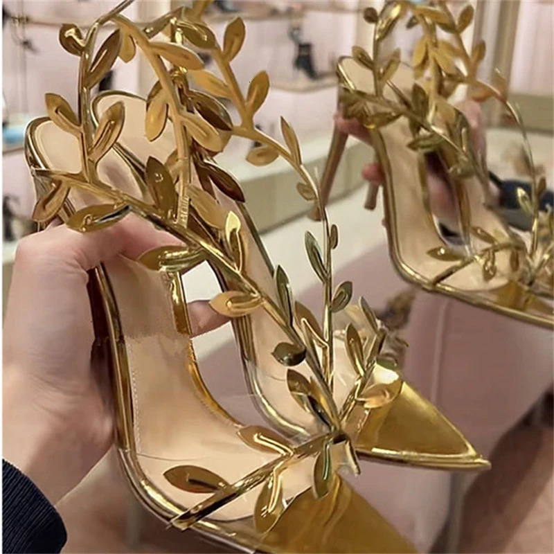 Summer Metal Patent Leather Women Sandals Stiletto Leaf Open Toe Ladies Shoes Rome Sexy Pointed Zapatos Para Mujeres 250306