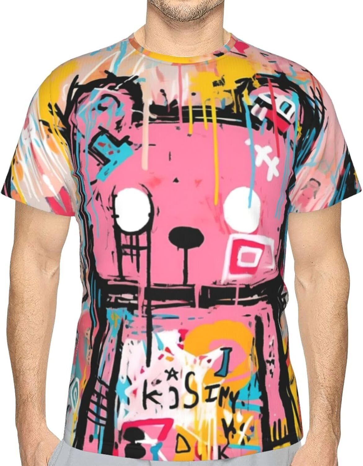 Mens T shirt Graffiti Bear Trendy 3D Graphic Tee - Cartoon Graffiti Print Soft Comfort Casual Summer Crew Neck T-Shirt Tops tee Casual tops summer clo