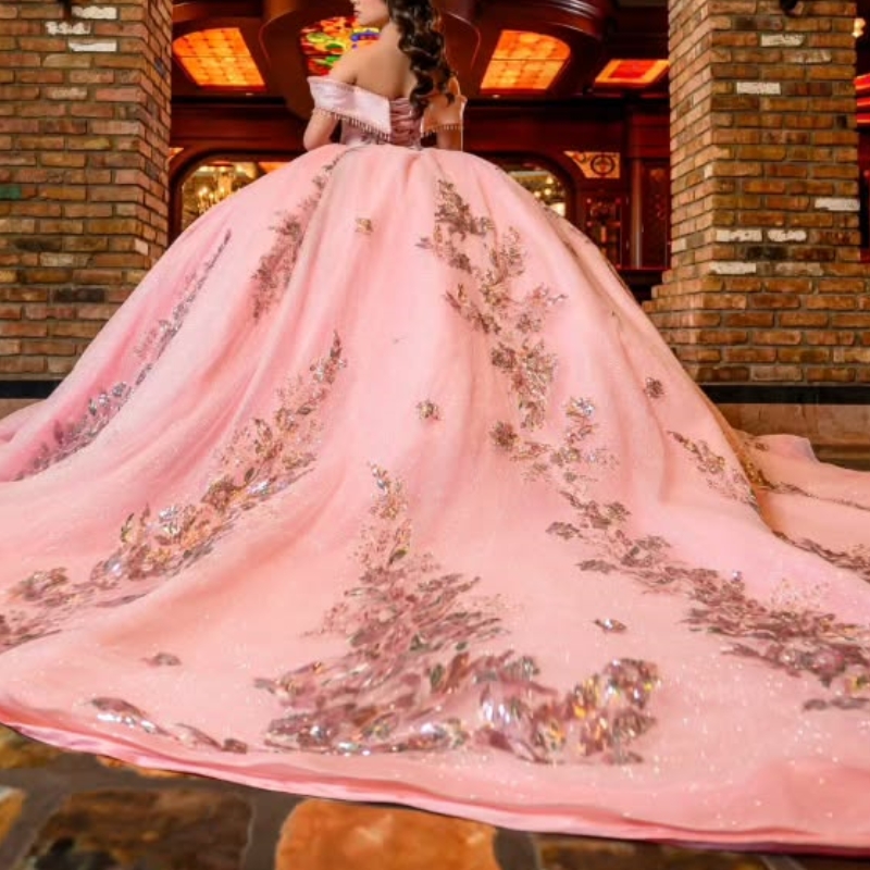Pink Shiny Quinceanera Dress Sequin Applique Lace Beads Tull Princess Ball Gown Sweet 16 Vestidos 15 De XV Anos Party Birthday Gown