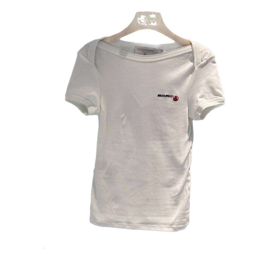 Spring And Summer New Small Sailboat Embroidery Fashionable Sweet Collar Lace Slim Fit Round Neck Shoulder Short Sleeved T-Shirt