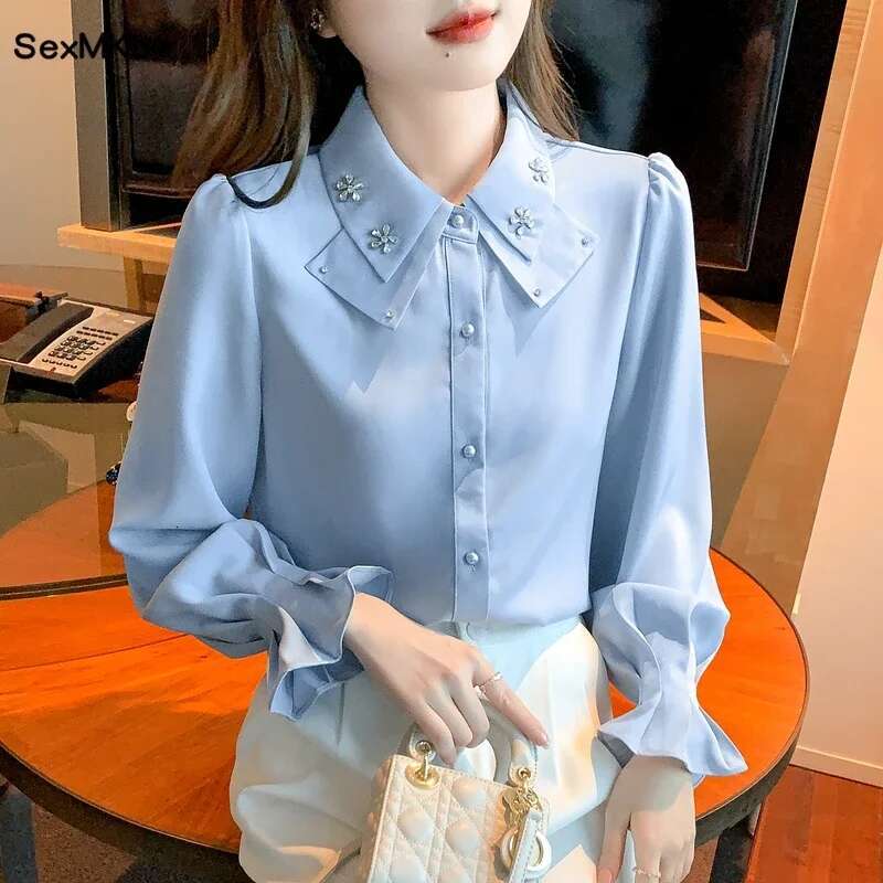 Elegant Long Sleeve Chiffon Shirts Women 2025 Autumn Winter Fashion White Blusa Feminina Korean Style Office Ladies Tops Blouses