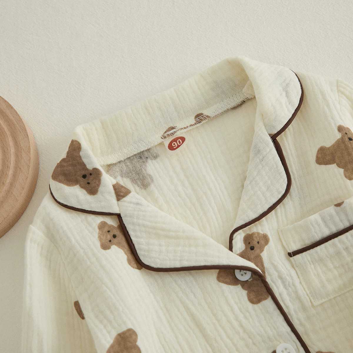 Visgogo childrens unisex cotton linen sleepwear set with bear print long sleeved front pocket lapel top long pants spring casual set M250306