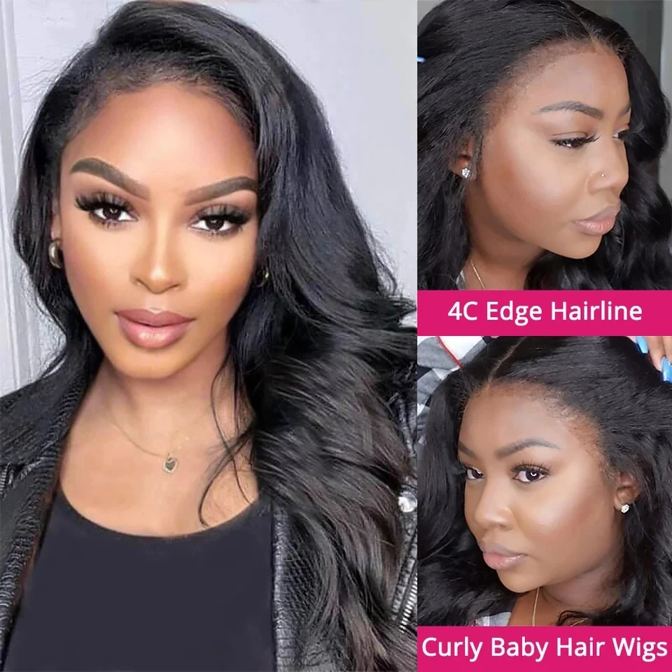 4C Curly Hairline Edge brazilian Hair full lace Wigs Body Wave 360 Lace Frontal Wigs with Curly Baby Hair 180% Glueless Lace Front Human Hair Wigs