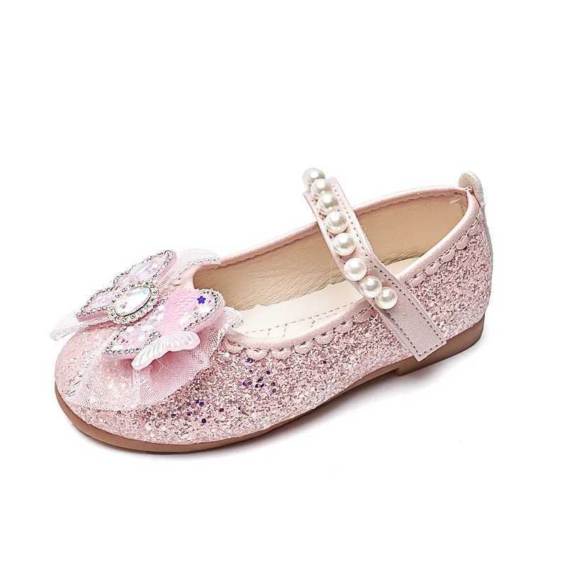 2024 Girls Princess Leather Shoes Elegant Luxury Childrens Flats Fashion Rhinestone Pearl Kids Ballet Wedding Mary Jane ShoesT250306