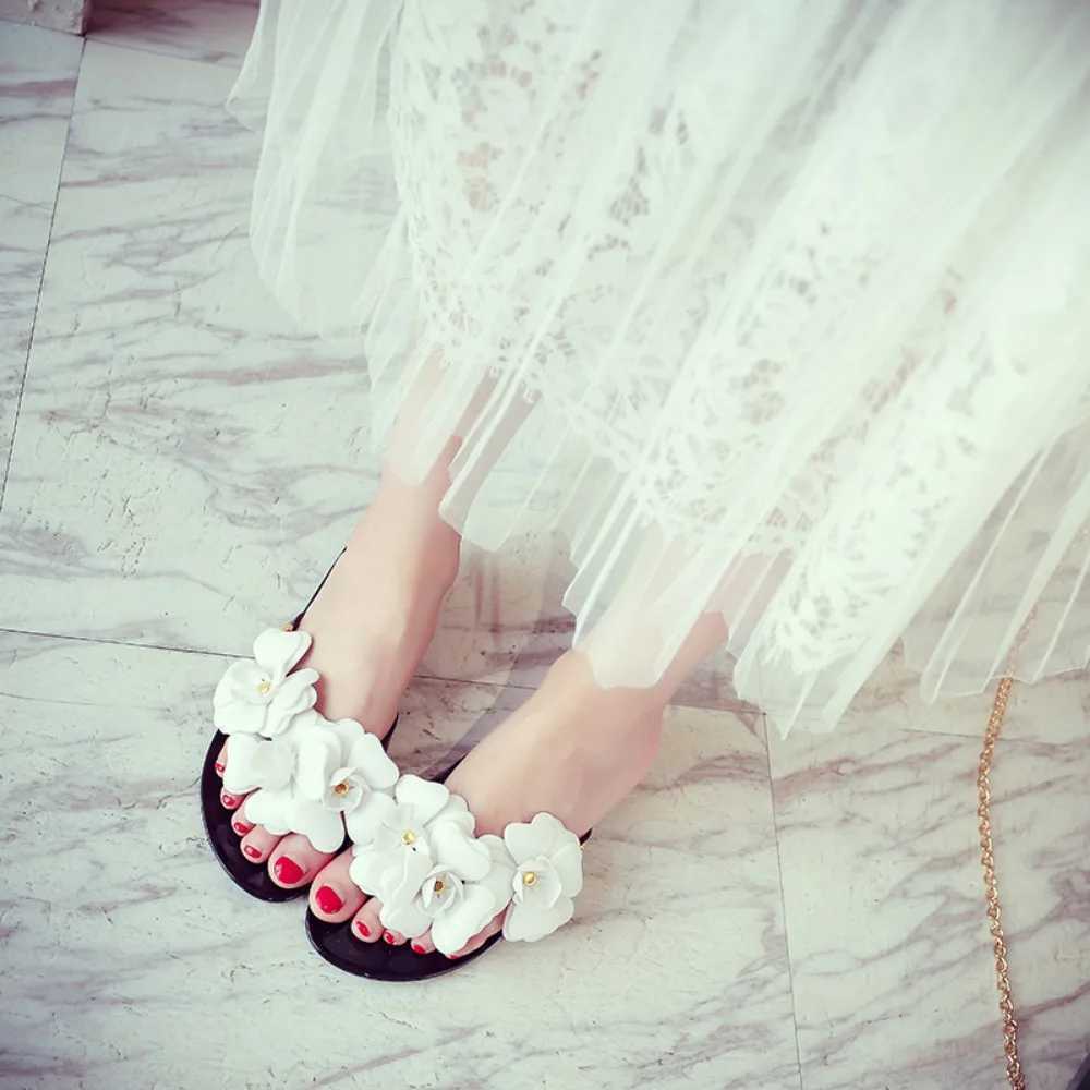 Flip Flops Wen Summer Flower Flip Flop Sandals Flat Bott Jelly Shoes Wens Flower Beach Shoes Flat Sandals Chanclas Y250306