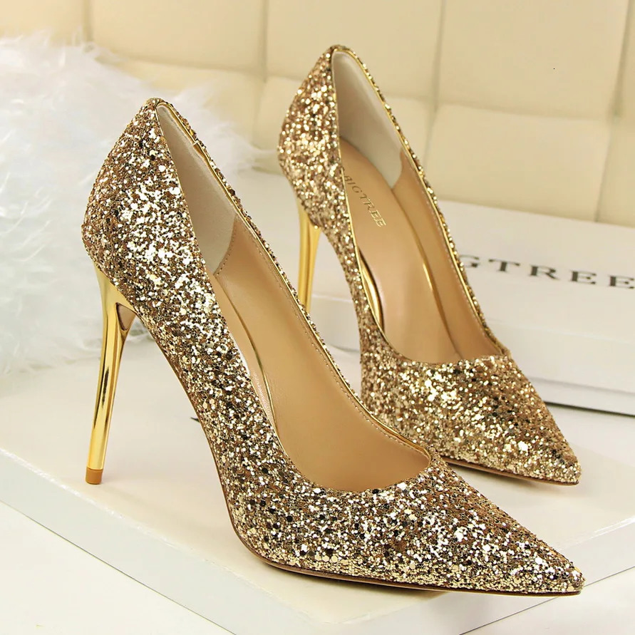 Women 7cm 9.5cm High Heels Sequins Glitter Pumps Plus Size 43 Wedding Bridal Gold Valentine Scarpins Shoes 250306