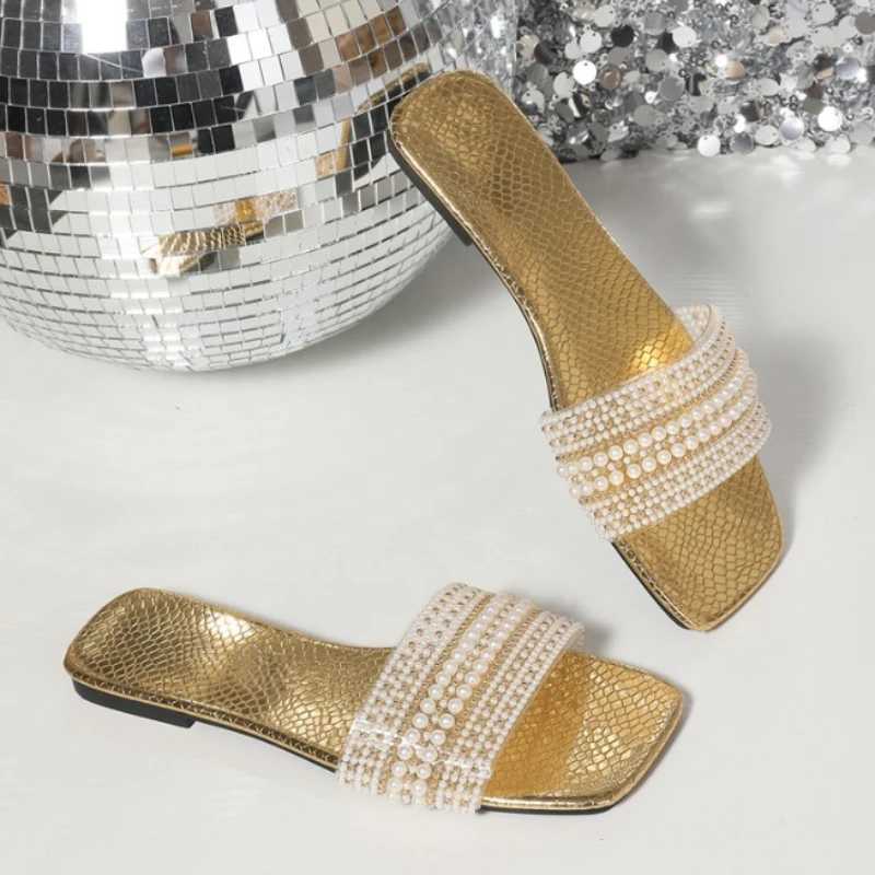 Womens Wen Luxury Pearl Slippers Summer Square Toe Flats Slides Sandals Wan N Slip Beach Flip Flops Big Size Slippers Y250306