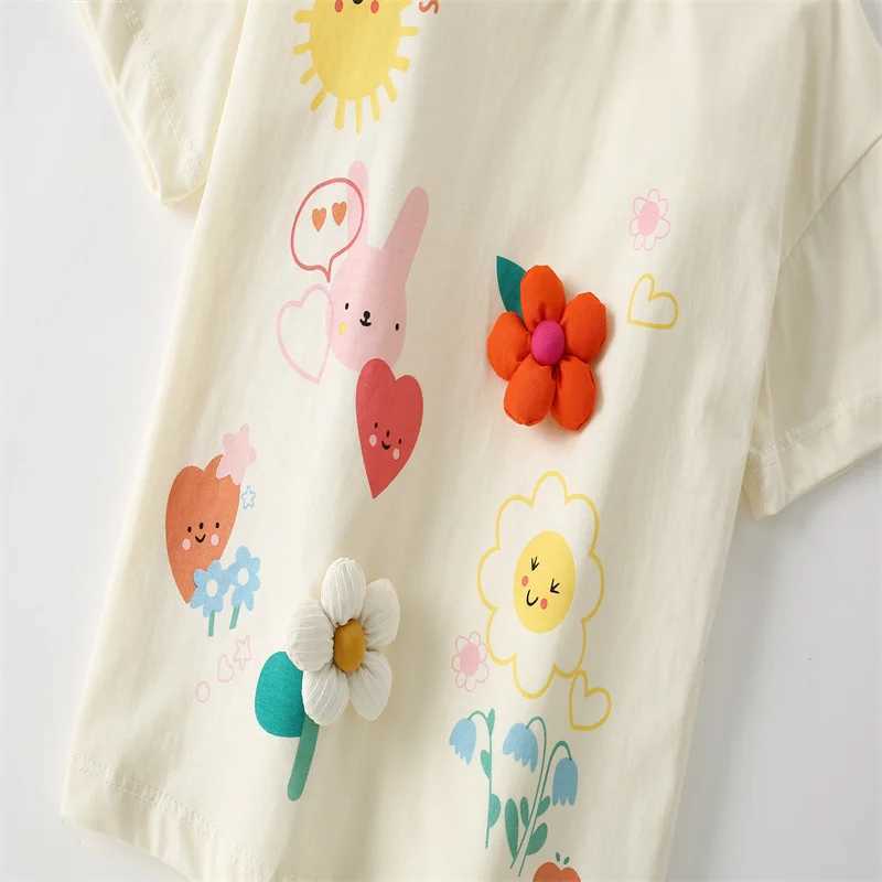 Jumping Meters 3-8T Flowers Kids Tees Hot Selling Cotton Summer Girls Tshirts Baby Clothes Childrens Tees TopsT250306