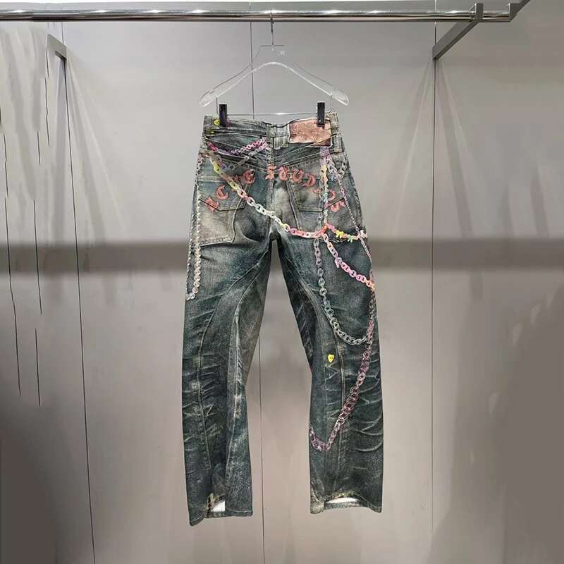 Women's Jeans, Loose Chain Printed Wide Leg Pants, Fashion Versatile High Quality Trousers, Spring, New, 2025, Y2k