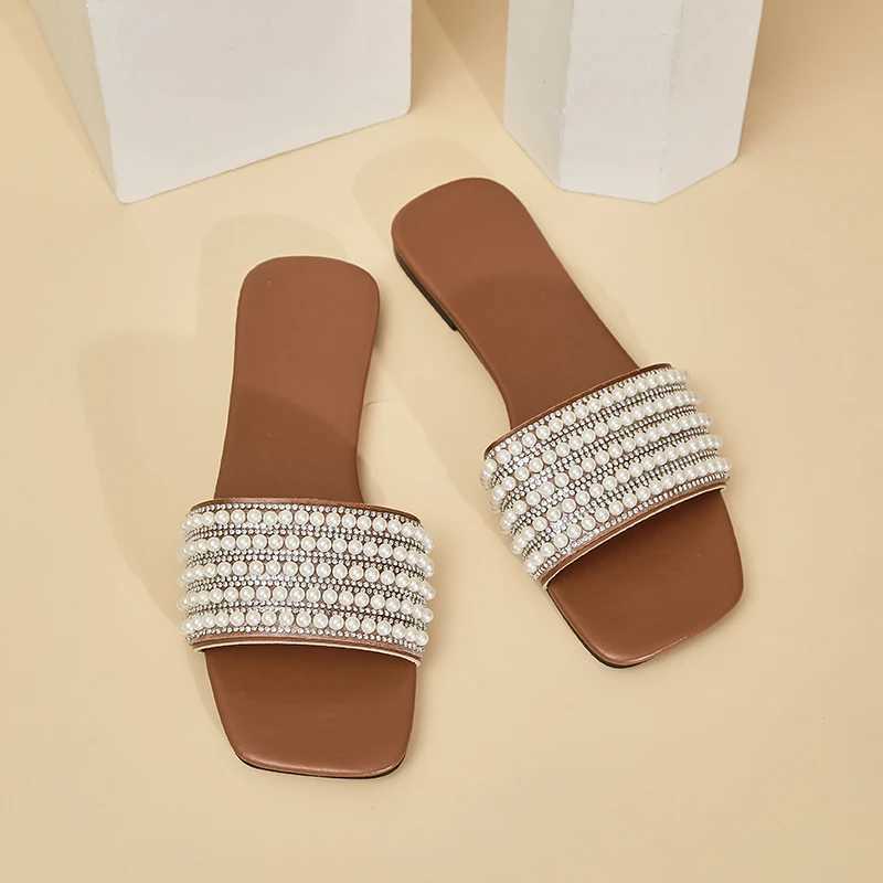 GDQQ Wen Luxury Pearl Slippers 2024 Summer Square Toe Flats Slides Sandals Wan Cfortable N Slip Beach Flip Flops Big Y250306
