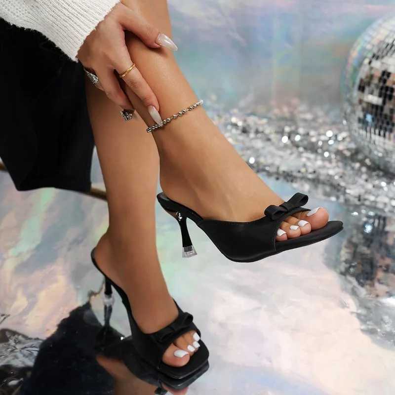Bowknot High Wens Sandals 2025 Thin Heel Summer Outdoor Wens Slippers 42 Black WHite Square Toe Slippers Y250306