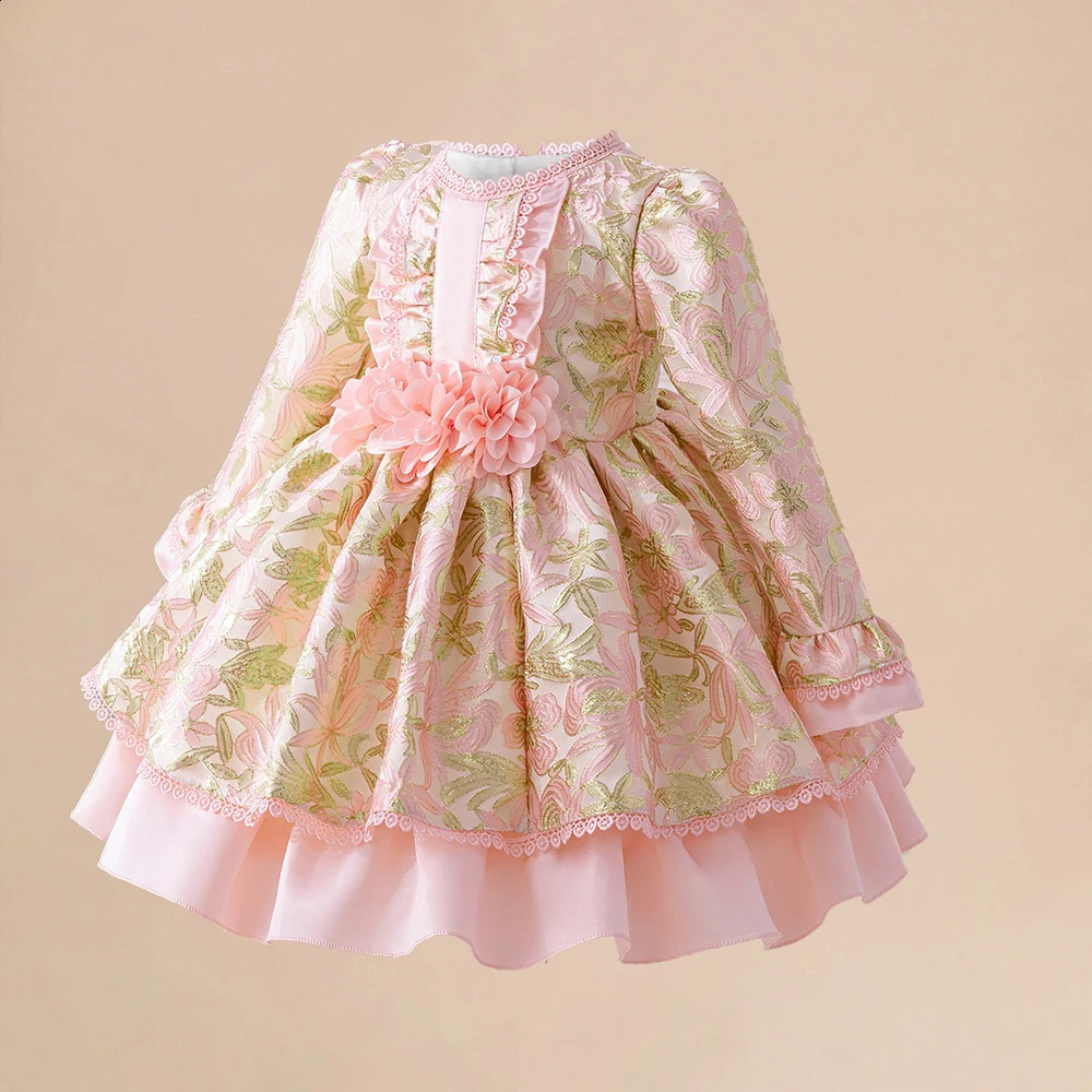 Girl Banquet Flower Dress Toddler Bow 1st Birthday Wedding Party Dress for Kids Lace Long Sleeve Prom Baby Clothes 250305