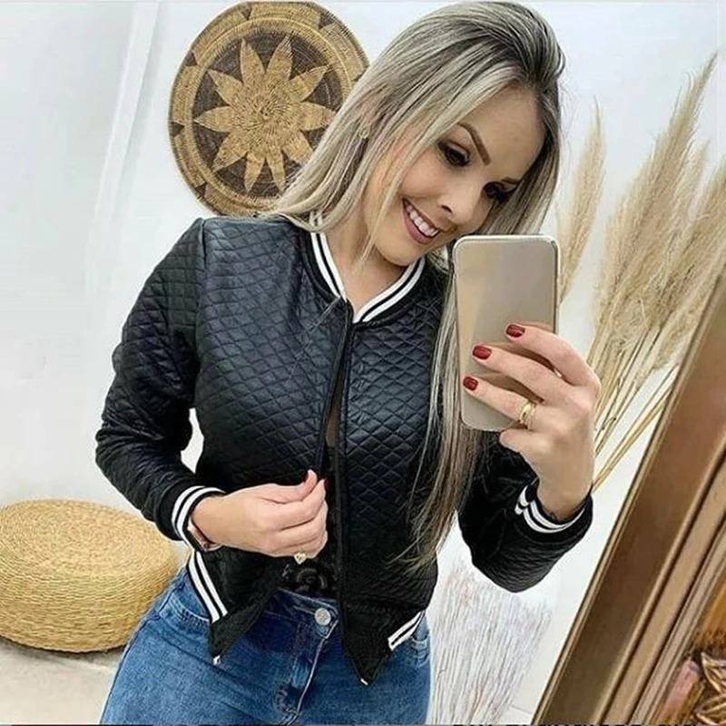 Autumn Winter Leisure Fashion Women Jacket Oneck Zipper Stitching Quilted Bomber Coats Short 250306