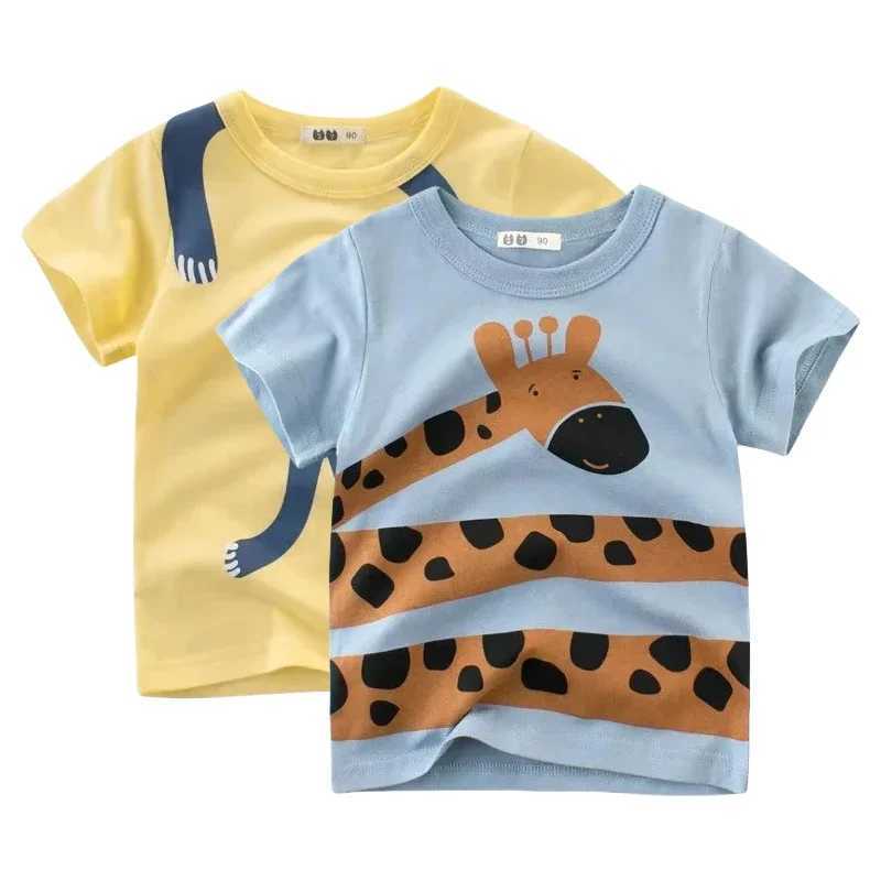 2025 Summer Cartoon Print Boys Girls T Shirt Giraffe Lion Monkey Short Sleeve Boy T-Shirts Kids Clothes Toddler Cotton Tops 10YT250306