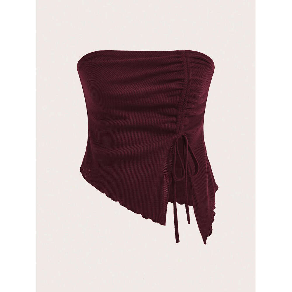 Women's Clothing 2025 Summer New Item Drawstring Slit Irregular Waffle Style Slim Fit Strapless Vest Top KLMY