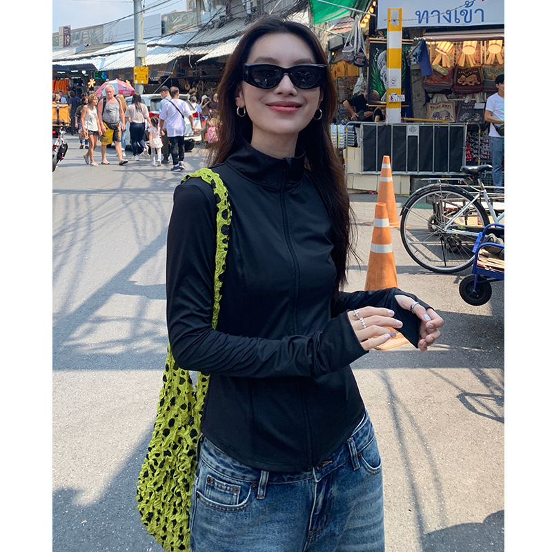 tracksuit Slim standing collar original yarn sun suit slim fit hood for women, breathable and UV resistant UPF50+sun protection shirt