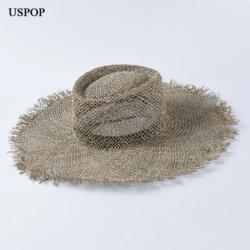 USPOP women handmade sun hats breathable natural seaweed straw hats casual summer wide brim beach hat Jazz straw hat 250303