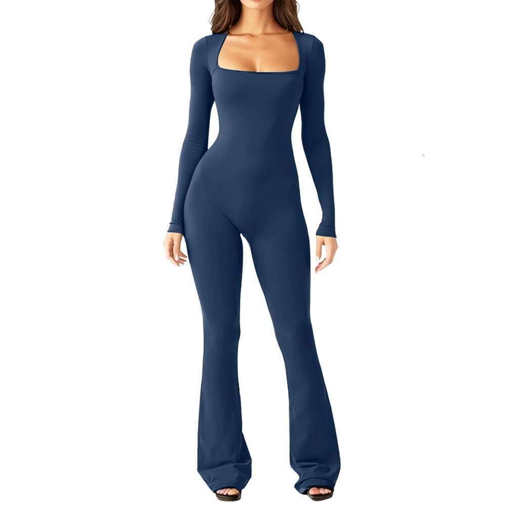 New Women Autumn Long Sleeved Square Neck Slim Fit Flared Bodycon Pants Romper Playsuit Elegant Simple Women's Jumpsuit KLMY