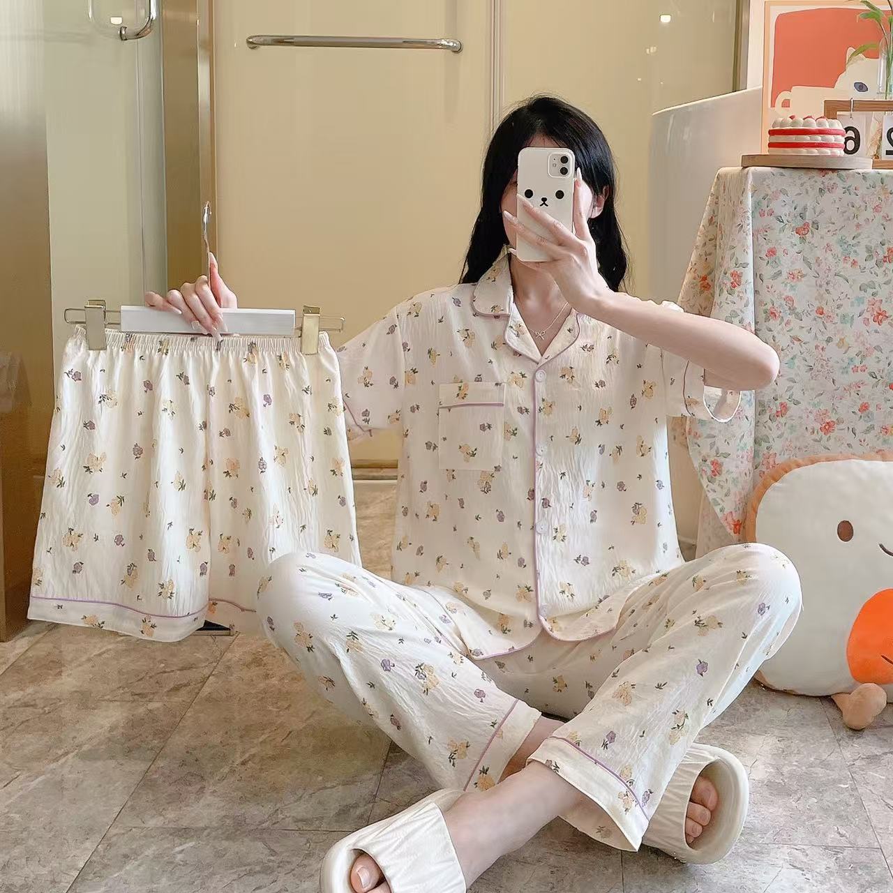 B754-Cotton pajamas three-piece suit for women summer short-sleeved trousers shorts spring and autumn home clothes suit