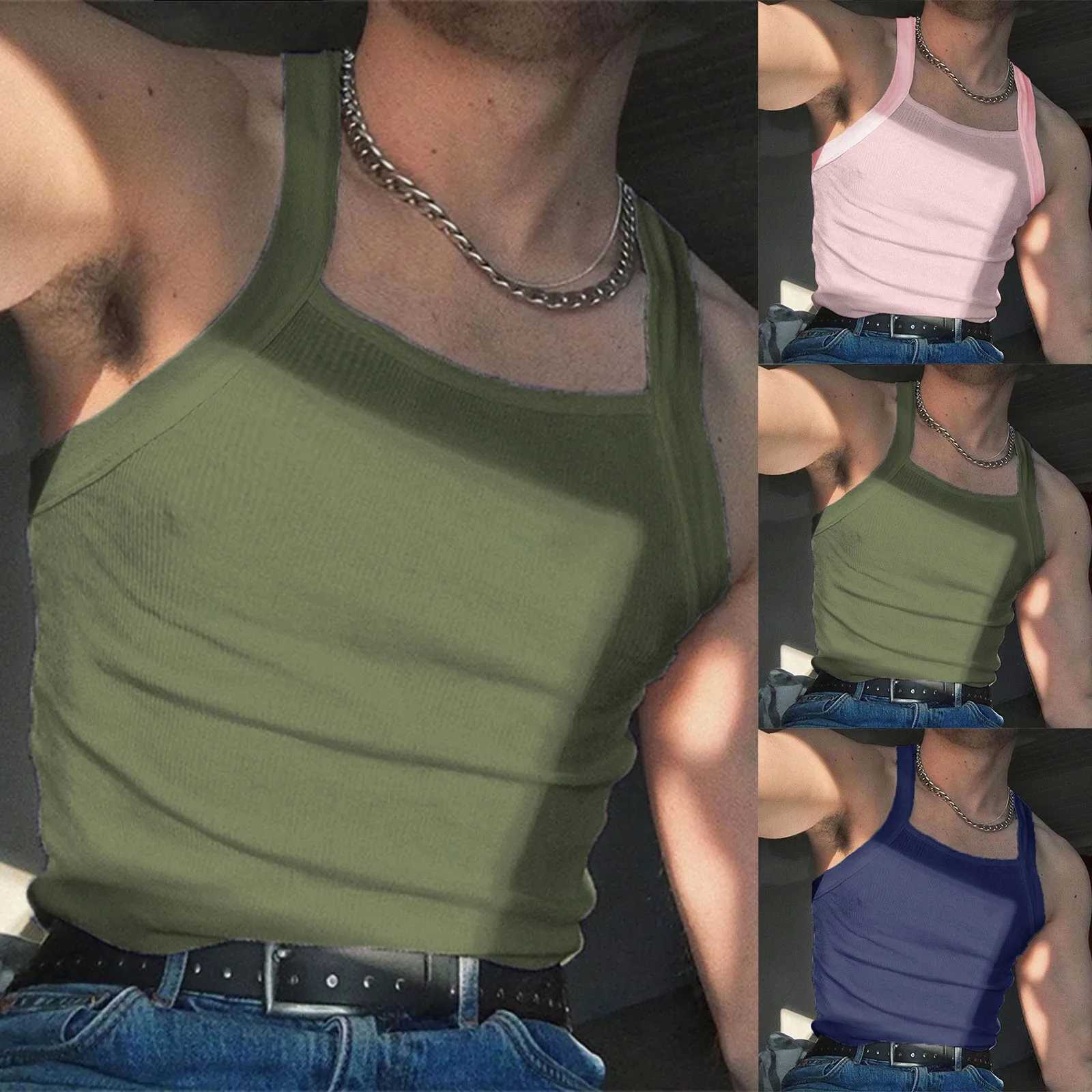 Mens Long Sleeve Shirts Male Camisole Sleeveless Vest Solid Color Sexy Off Shoulder Striped Nightclub Bodybuilding Tops for MenT250318