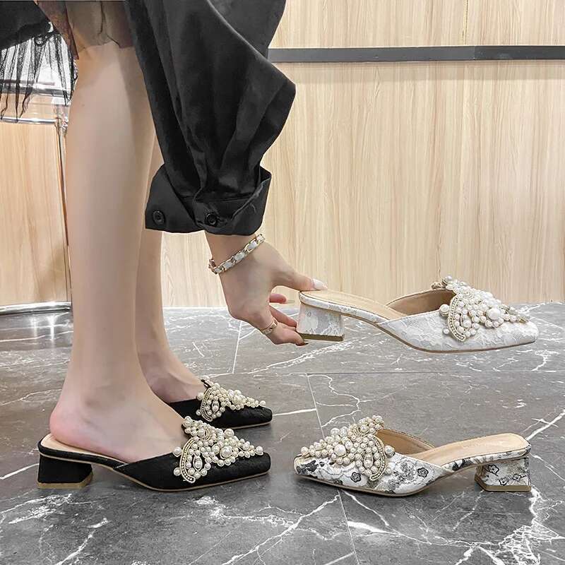 2025 Pearl Half Slippers Women Shoe Autumn Rhie Chunky Mid Heel Slipper Sandals Fashion Muller Casual Versatile Single Shoes