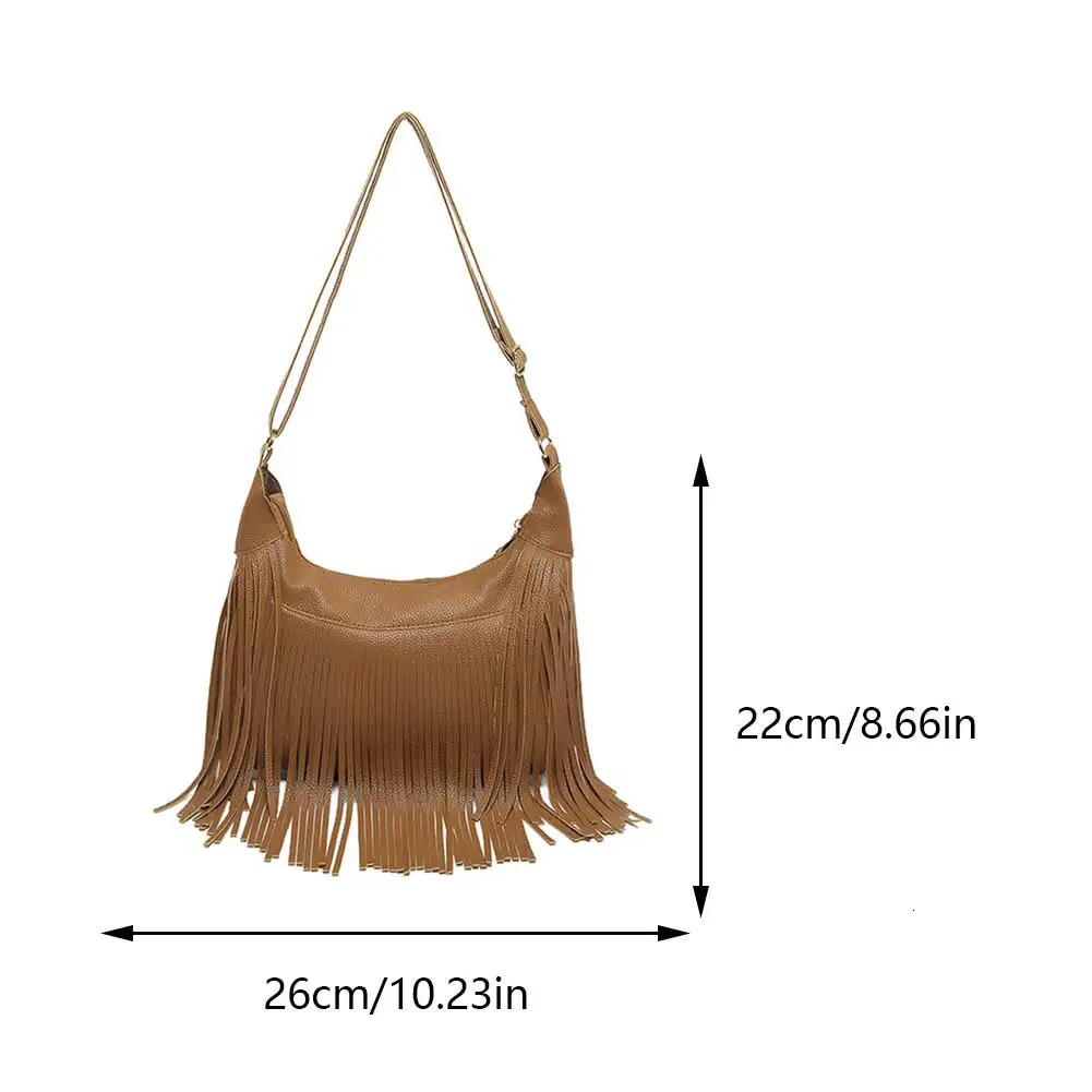 Fashion Women Fringe Hobo Bag Western Purse Messenger Shoulder Bag Pu Leather Tassel Y2K Hippie Crossbody Bag 250306