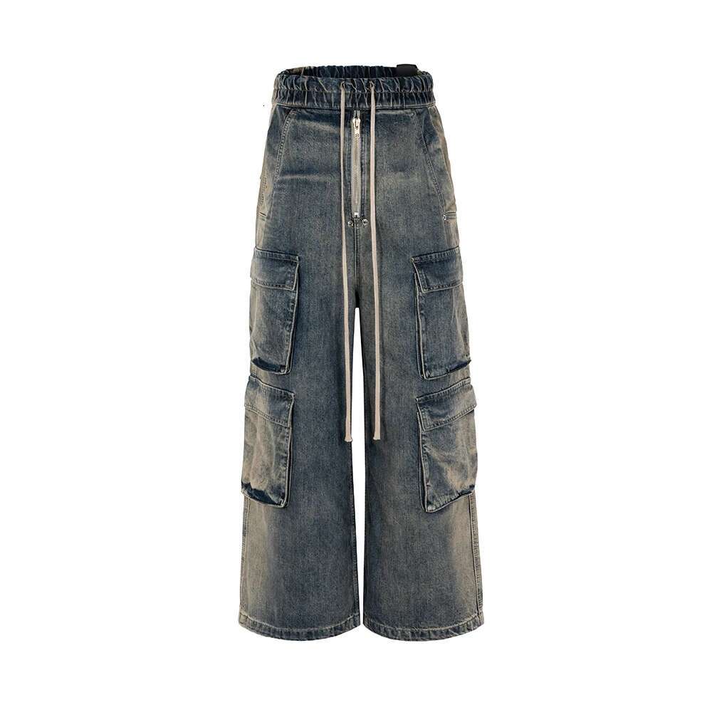 RO Style Gradient Ribbons Multi-Pockets Drawstring Jeans For Men Haruku Streetwear Baggy Y2k Denim Trousers Oversized Cargos