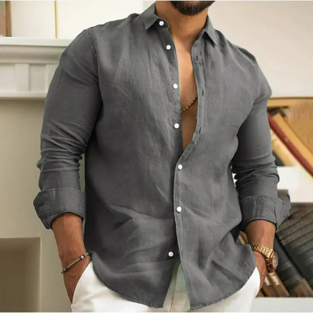 Mens Summer Beach Shirt Linen Button Up Long Sleeve Plain Lapel Spring Casual Daily Clothing 250227Z