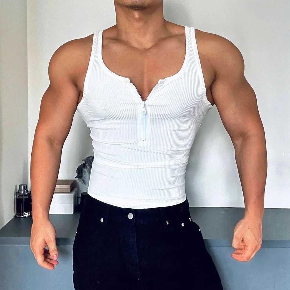 Mens Vest Gym Sports Sexy Half Zip Tank Tops Summer Casual Jogging Streetwear Training Tight Sleeveless Tops Menswear 2024T250318