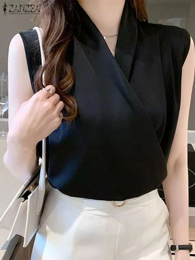 Elegant V Neck Sleeveless Satin Blouse 2024 ZANZEA Summer Women Office Work Tops Female Casual Solid Pleated Shirt Blusas Mujer