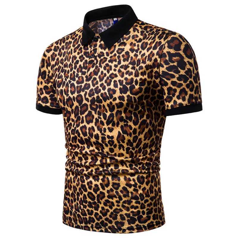 Fashion New Summer Casual T Shirt Men Short Sleeve Turn Down Collar Slim Fit Shirt Sexy leopard print polo shirt X250306