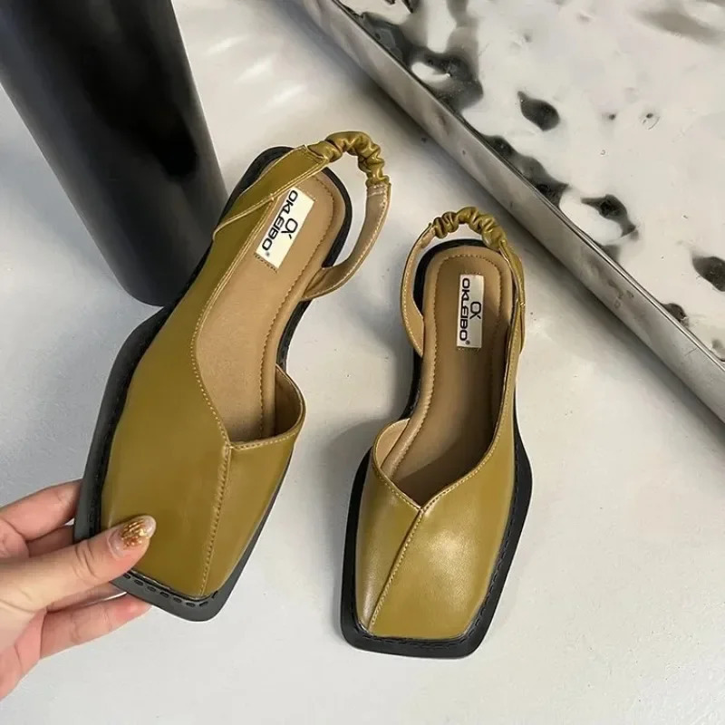 Summer Elegant Ladies Sandals Fashion Ladies Elastic Band Flat Heel Women Shallow Party Shoes Square Heel 35-40 Square Toe 250306