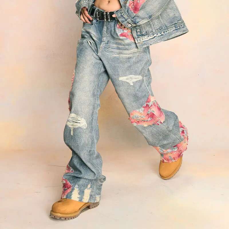 Retro Ripped Print Contrast Patchwork Wash Straight Women Y2k Street Hip Hop Loose Fashion Trend High Waist Wide Leg Jeans
