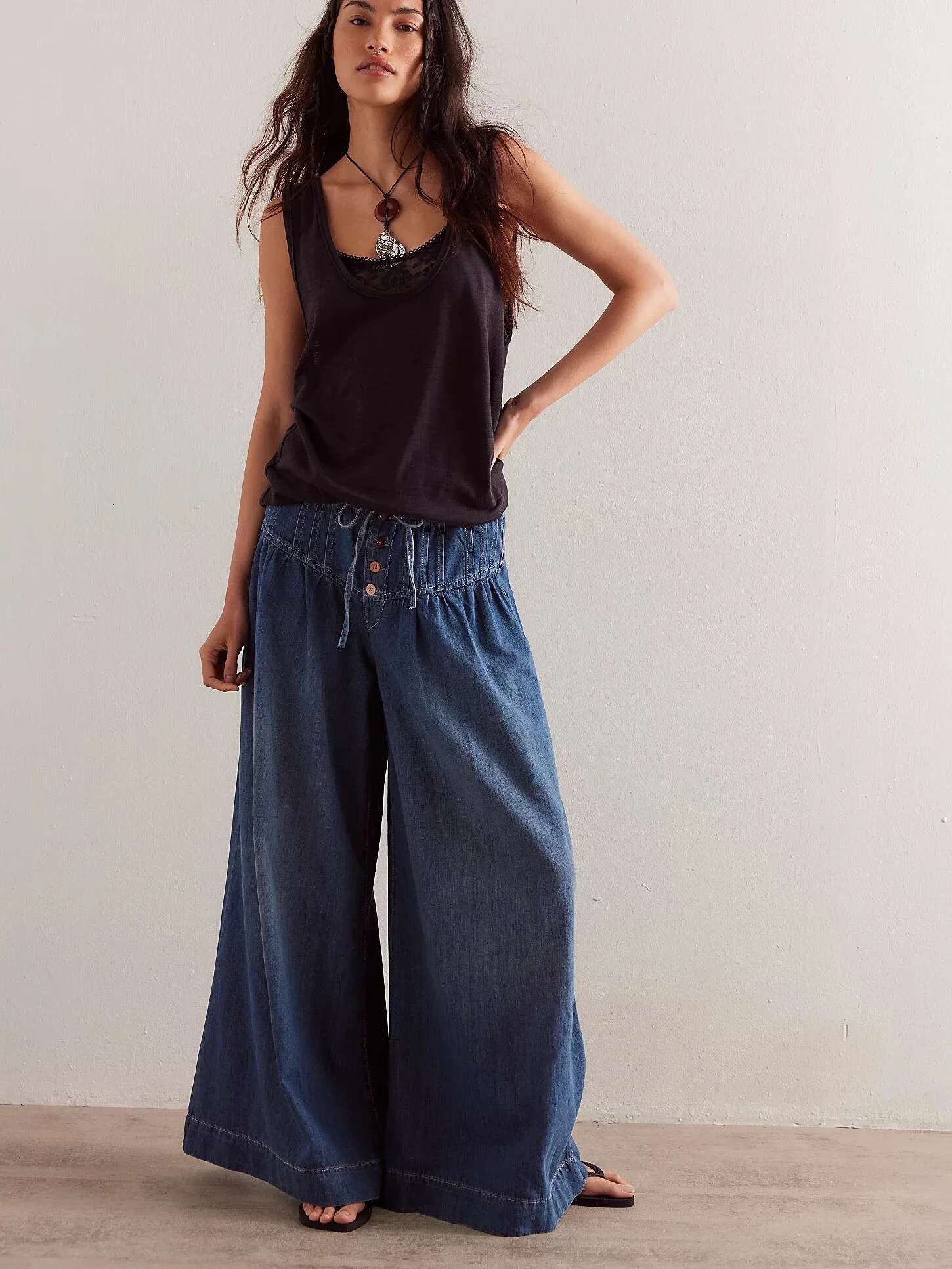 Canwedance Free Style Full Length Mid Waist Boho Folds Cotton Hippie Wide Leg Pants 3Xl Trousers Chic People Jeans