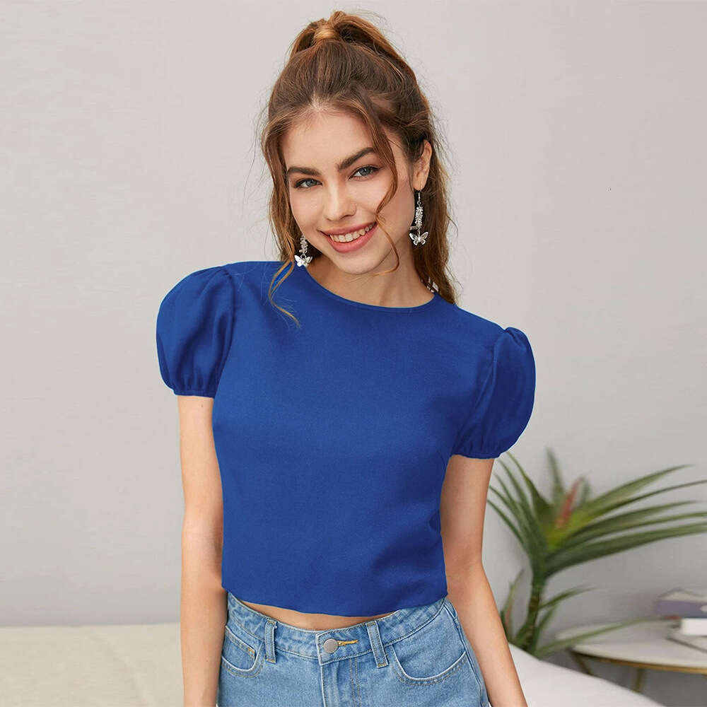Women's New Bubble Sleeve French Short Pullover Countryside Style Solid Color Round Neck Top KLMY