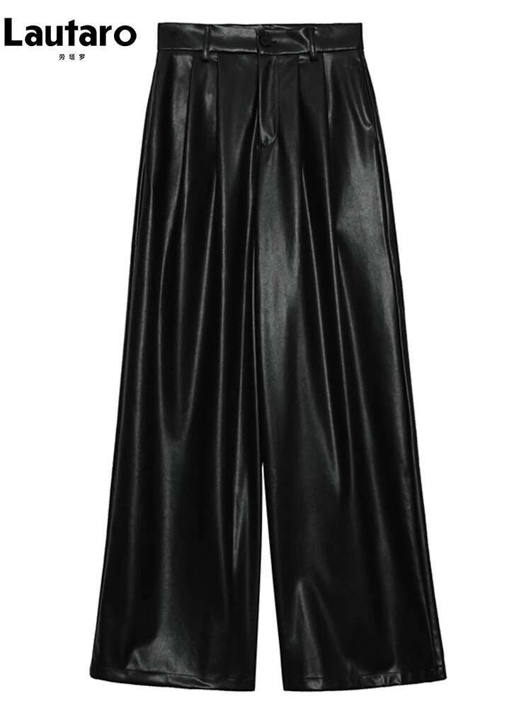 Lautaro Spring Autumn Loose Casual Wy Soft Black Brown Pu Leather Wide Leg Pants For Women High Waist Emo Korean Fashion 2023