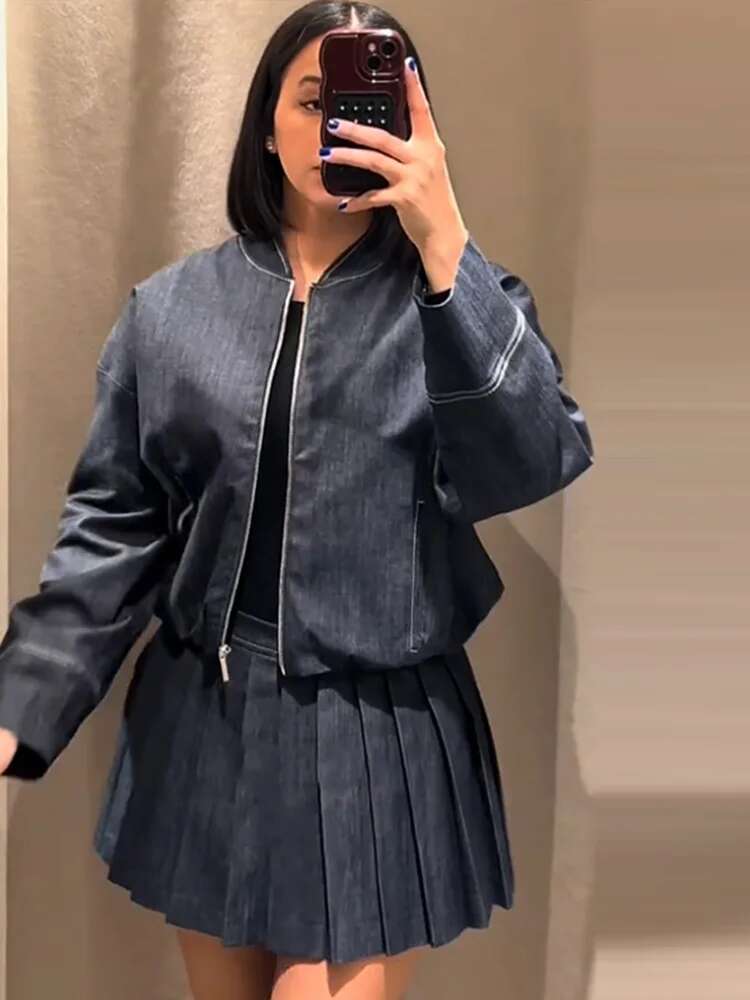 Elegant Denim 2 Piece Sets Woman Outfit Casual Loose Zipper Jacket Pleated Mini Skirts Suits 2025 Fashion Street Solid Lady Suit