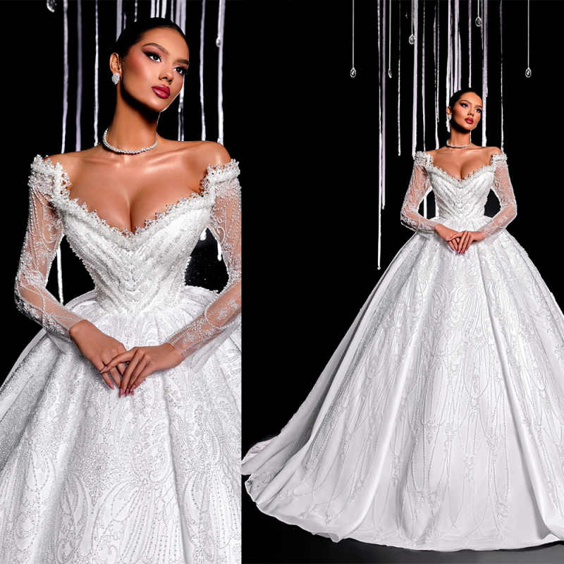 A e Women Wedding DressV Neck Long Sleeves Bridal Gowns Sequins Lace Sweep Train Dress Custom Made