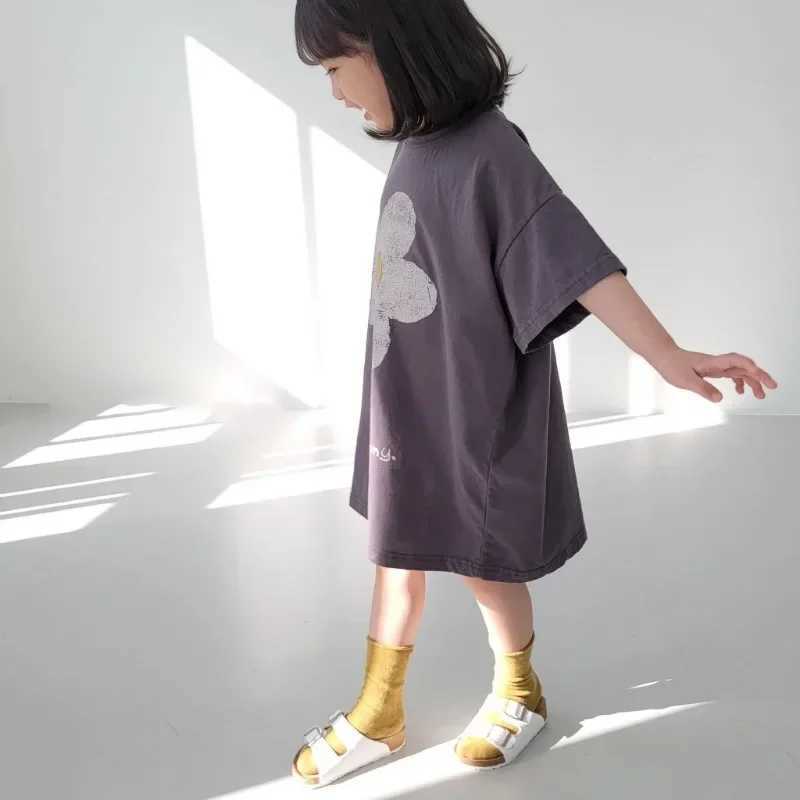 2024 Summer New Girls Short Sleeve Casual Dress Cute Flower Print Children Long T-Shirts Loose Kid Princess Girls Outfit ClothesT250306