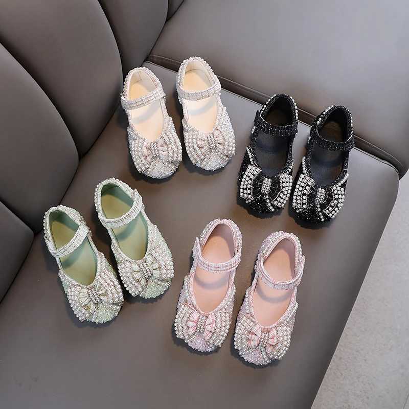 Elegant Girls Princess Shoes Beading Bowknot Four Colors Children Mary Janes Sweet Party 21-36 Beautiful Fashion Kids Flat ShoeT250306