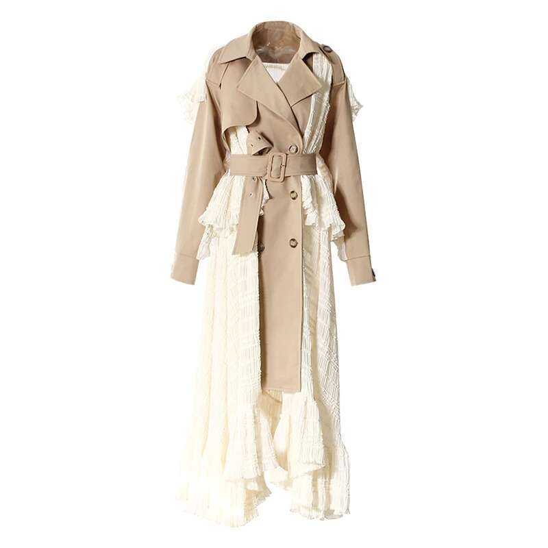 DEAT Fashion Lace Patchwork Trench Coat Women's Lapel Loose Double Breasted Sashes X-Long Windbreaker Spring 2025 New