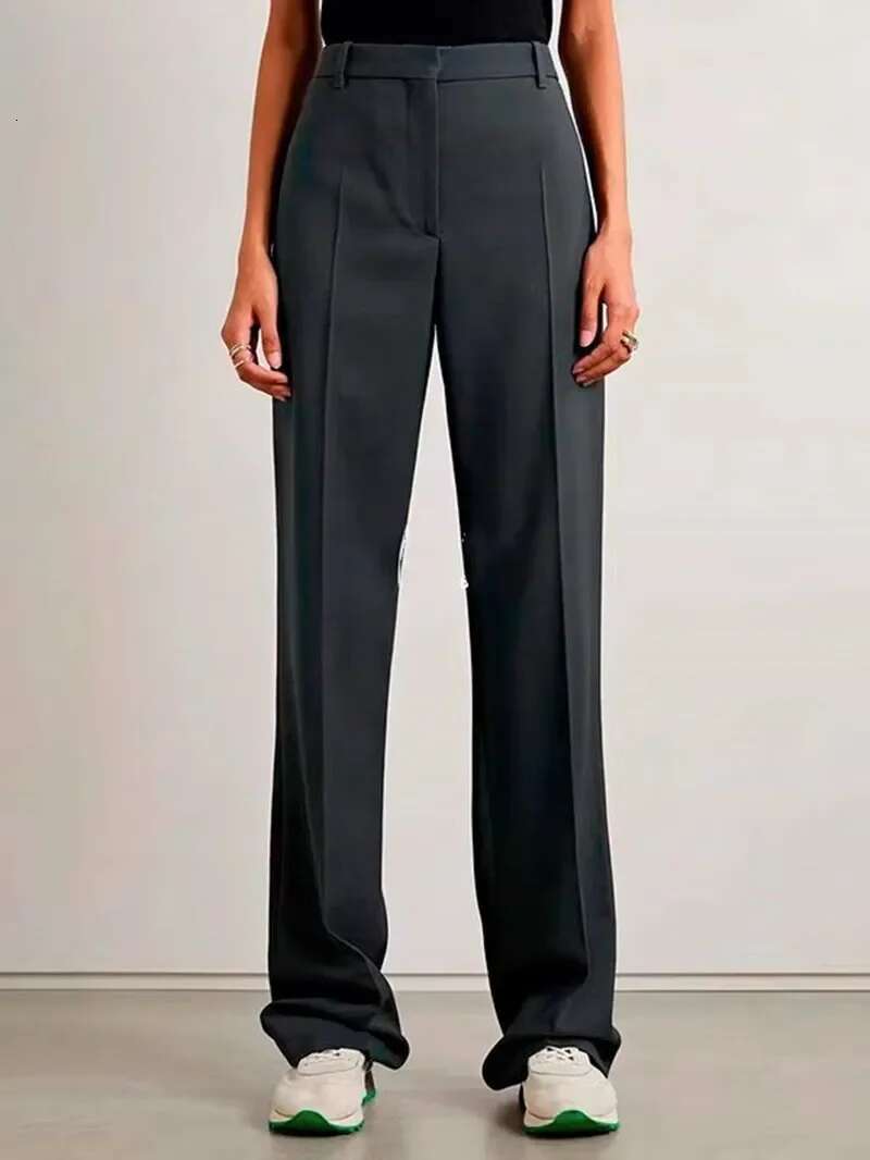 Women Gray High Waist Straight Suit Pants Spring Autumn New Female Wool Blend Skinny Trousers All-Match