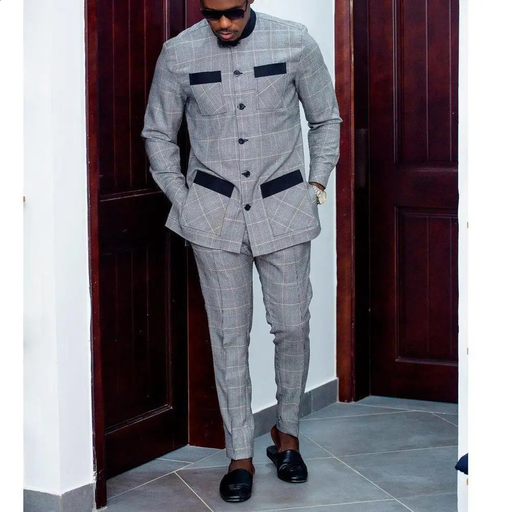 Elegant African Style Mens Suit Plaid Stripe Single Breasted Suit and Pants 2 Piece Casual Business Suit for Men 250303