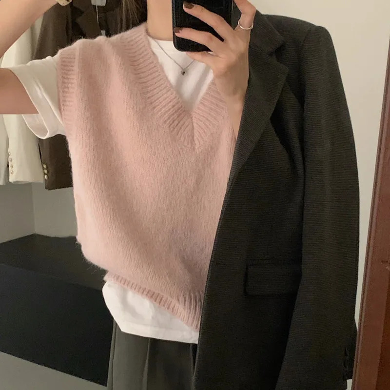 HELIAR Women VNeck Knit Office Sweater Vest Loose Casual Pullovers Bottoming Solid For 2024 Fall Winter 250227Z