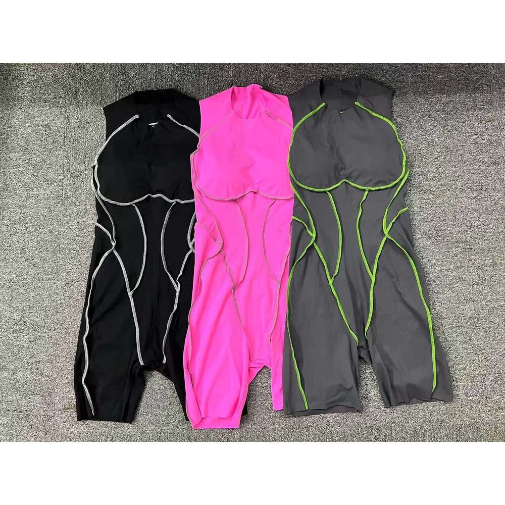 Pad Nylon Women Bodysuit Fiess Yoga Set Splicing Contrast Color Exposed V Butt One-Piece Shorts Jumpsuit Gym Sports Push Up KLMY